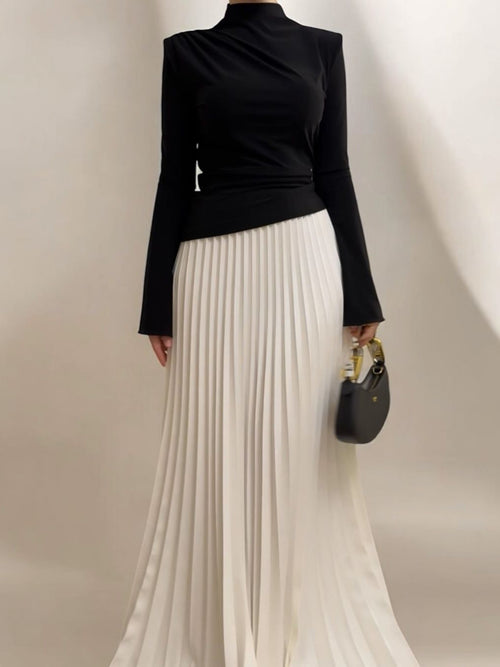 Turtleneck Solid Color Top & Contrasting Color Skirt Suit