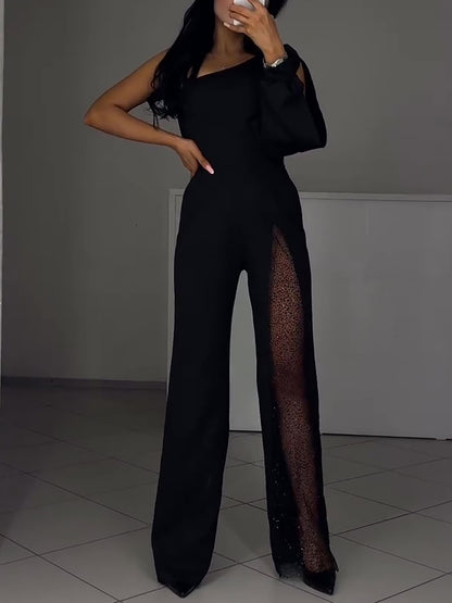 Single Sleeve Patchwork Mesh Jumpsuit