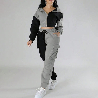 Women's Color Block 2 Piece Set, Full Zip Up Cropped Hoodie Jacket & Drawstring Cargo Pants, Casual Streetwear Outfit