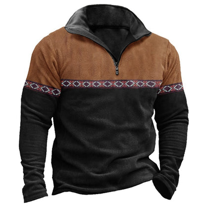 Retro Patchwork Polo Shirt Zipper Sweater Daily Outdoor Casual Top