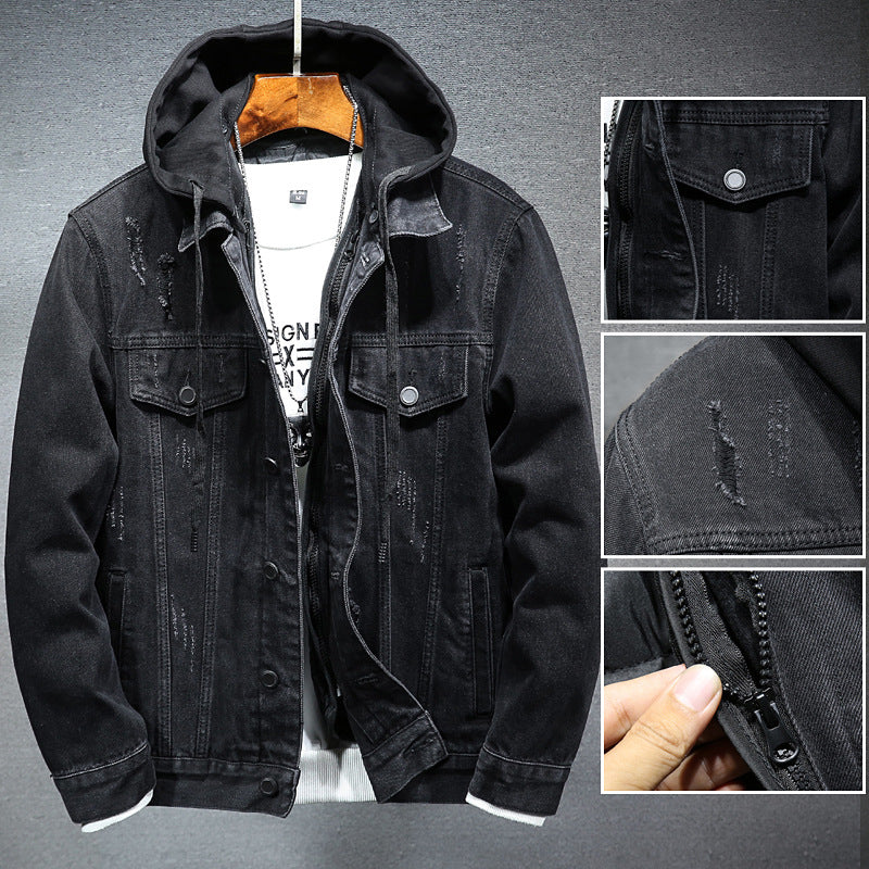 Hooded Denim Jacket Trendy Versatile And Handsome Long-Sleeved Jacket