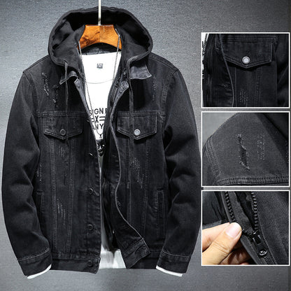 Hooded Denim Jacket Trendy Versatile And Handsome Long-Sleeved Jacket