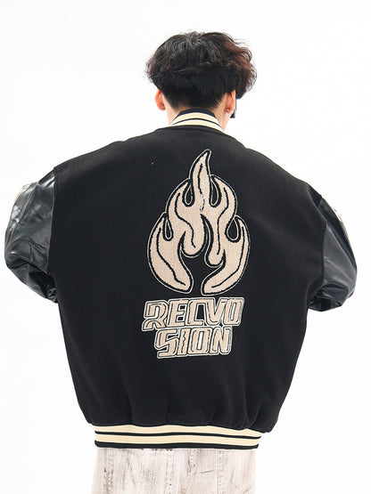 Vintage Flame Embroidered Jacket Jacket Baseball Uniform