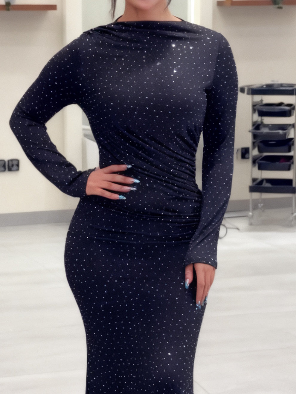 Black Rhinestone-Embellished Maxi Dress With Long Sleeves And Mermaid Silhouette