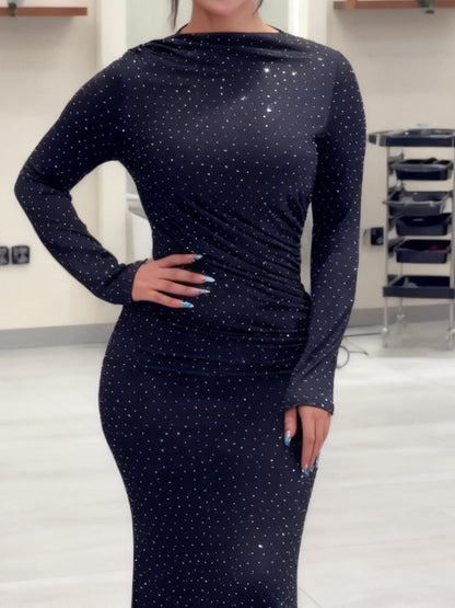 Black Rhinestone-Embellished Maxi Dress With Long Sleeves And Mermaid Silhouette