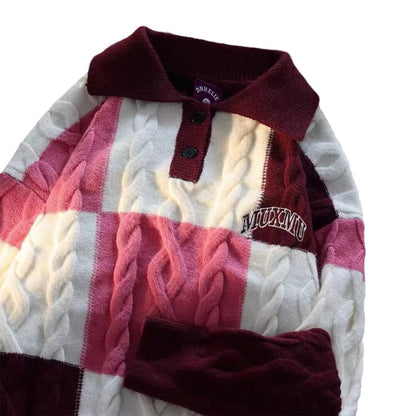 Men's Contrast-Colored Turn-Down Collar Cable-Knit Sweater