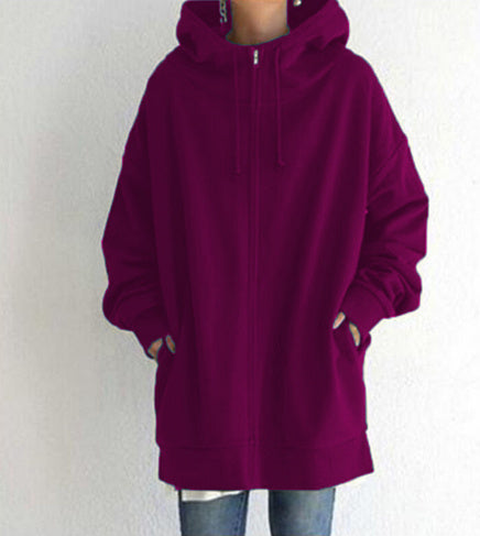 Oversized S-5XL Women Loose Hooded Coats Autumn Female Tie Collar Long Sleeve Zipper Up Add Velvet Long Sweatshirt