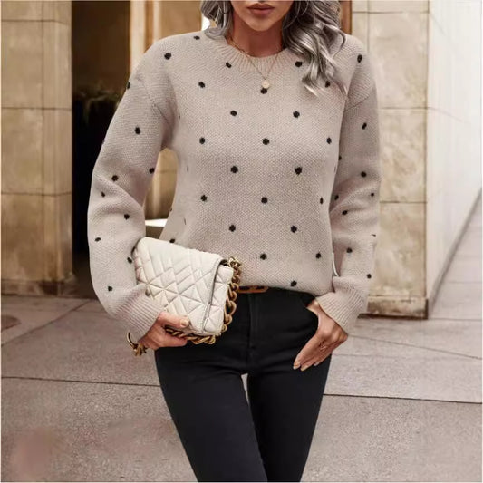 Ins Polka Dot Print Pullover Sweater Fashion Casual Long-sleeved Jacquard Knitted Top Winter Round Neck Clothing For Women