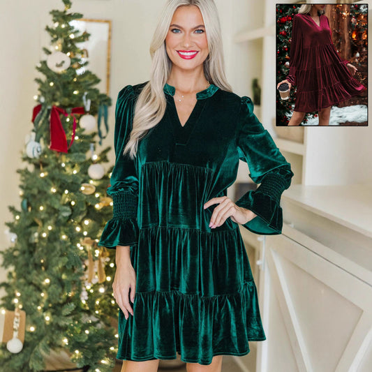 Long Sleeve Christmas Skirt Velvet Cake Dresses With Puffy Sleeves And V-Neck Mini Skirt Elegant Short Dress For Women New Year Party Clothing