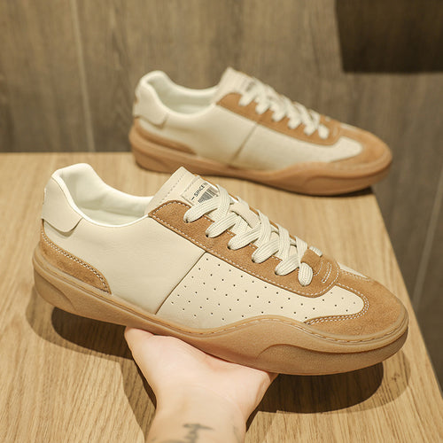 Stitching Contrast Color Genuine Leather Platform Flat Casual Board Shoes