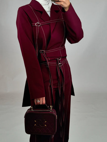 Burgundy Lace-up Top & High-waisted Pants Set