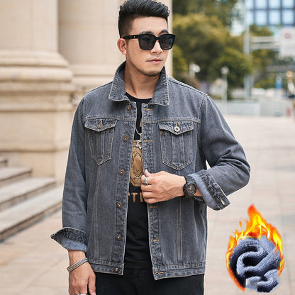 Men's Plus Velvet Thick Denim Jacket Plus Fertilizer To Increase