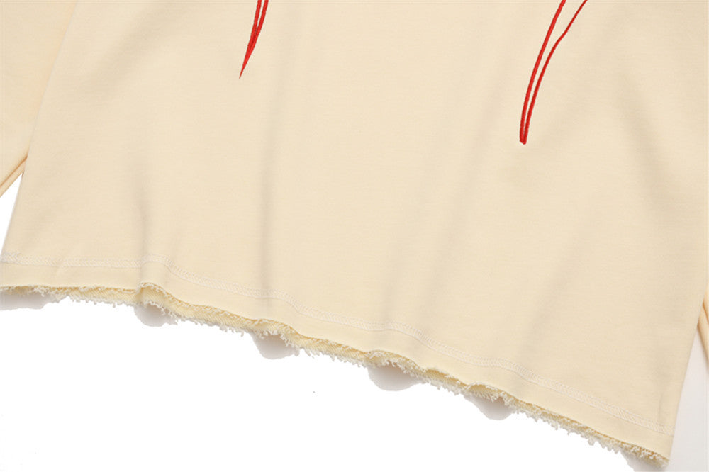 Letter Embroidered Frayed Hooded Sweatshirt