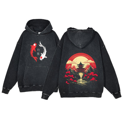 Ukiyo-e Koi Fish Retro Sweatshirt  Men's Hip-Hop Hoodie,