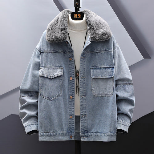 Casual Loose Fitting Denim Jacket With Fur Collar