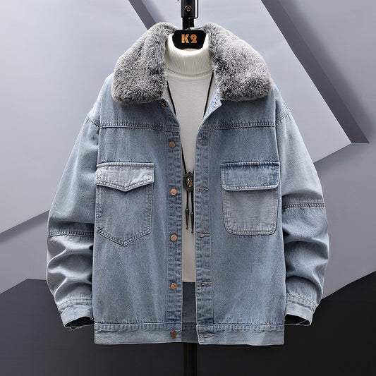 Casual Loose Fitting Denim Jacket With Fur Collar