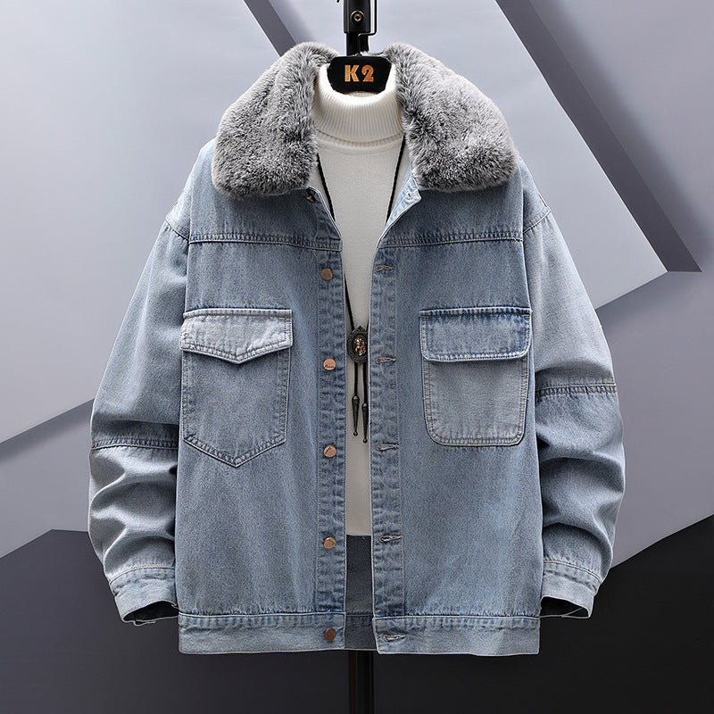 Casual Loose Fitting Denim Jacket With Fur Collar