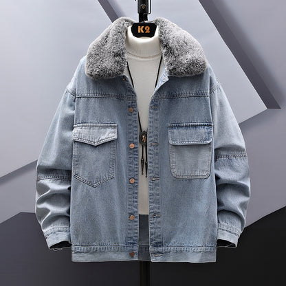 Casual Loose Fitting Denim Jacket With Fur Collar