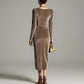 Long Sleeve Pleated Long Slit Velvet Sheath Dress