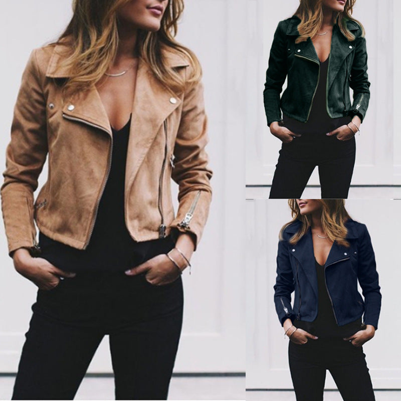 European And American Solid Color Women's Lapel Diagonal Zipper Short Jacket