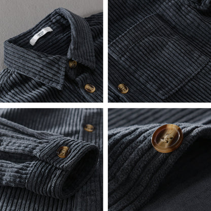Winter Corduroy Shirt With Pocket Fashion Lapel Button Long Sleeve Top Men's Clothing