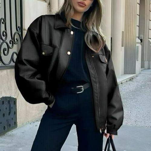 Women's Leather Jacket Loose Long Sleeve Lapel Motorcycle Jacket