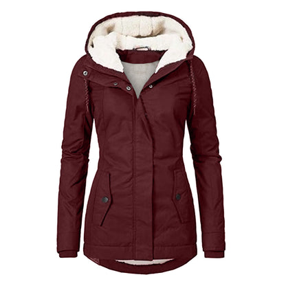 Winter Hooded Jacket Solid Color Warm Buckle Zip-up Fleece Jacket With Pockets Women's Casual Jacket