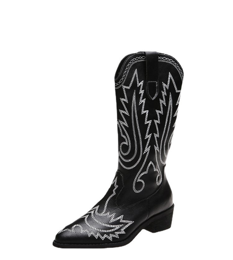 Women's Low Heel Sleeve Western Embroidered Round Toe Boots