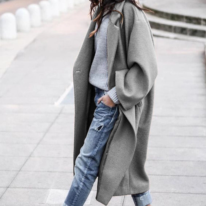 Fashion Long Solid Color Lapel Coat Warm Coat