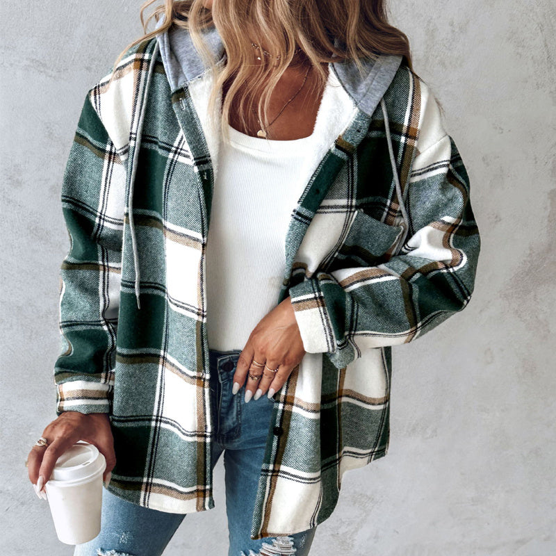 Plaid Hooded Jacket Fashion Casual Button Pocket Coat Autumn And Winter Women's Clothing
