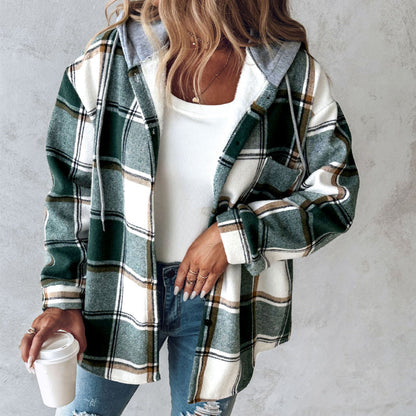 Plaid Hooded Jacket Fashion Casual Button Pocket Coat Autumn And Winter Women's Clothing