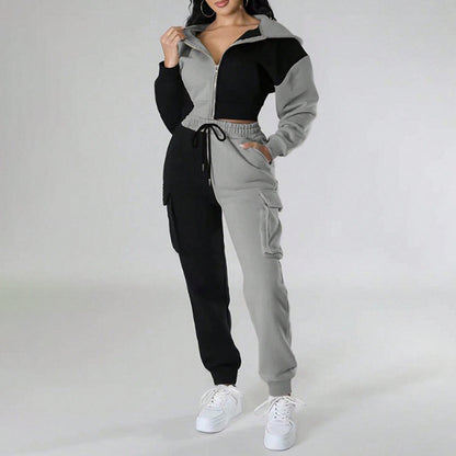 Women's Color Block 2 Piece Set, Full Zip Up Cropped Hoodie Jacket & Drawstring Cargo Pants, Casual Streetwear Outfit