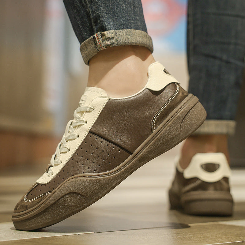 Stitching Contrast Color Genuine Leather Platform Flat Casual Board Shoes