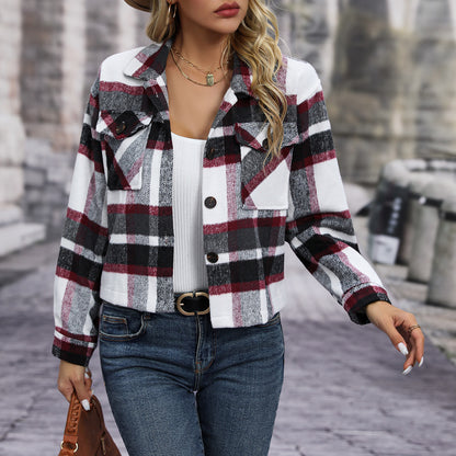 Autumn And Winter New Fashion Casual Pocket Plaid Women's Woolen Short Coat