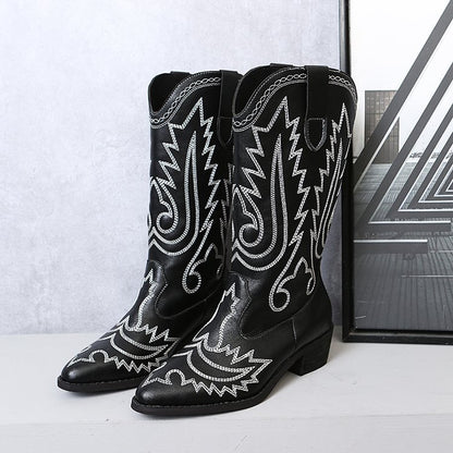 Women's Low Heel Sleeve Western Embroidered Round Toe Boots