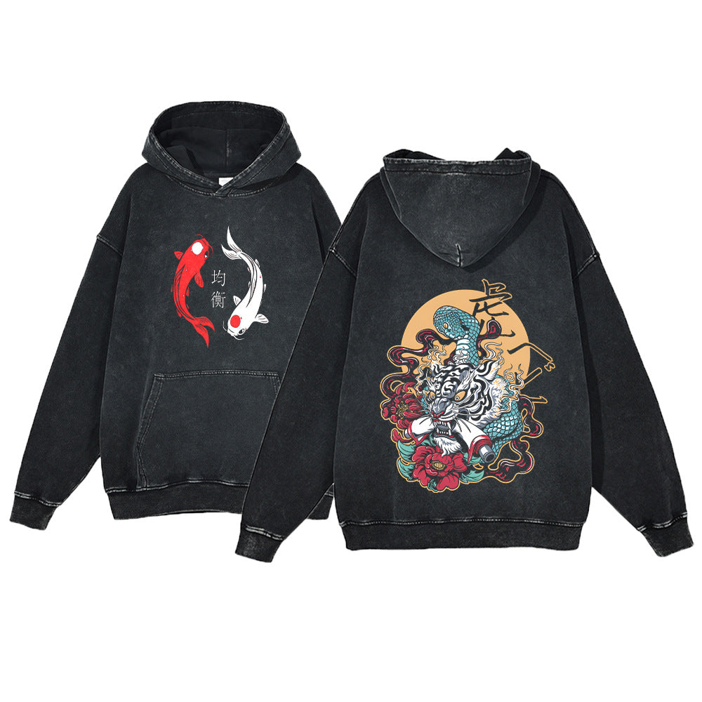 Ukiyo-e Koi Fish Retro Sweatshirt  Men's Hip-Hop Hoodie,