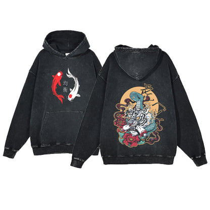 Ukiyo-e Koi Fish Retro Sweatshirt  Men's Hip-Hop Hoodie,