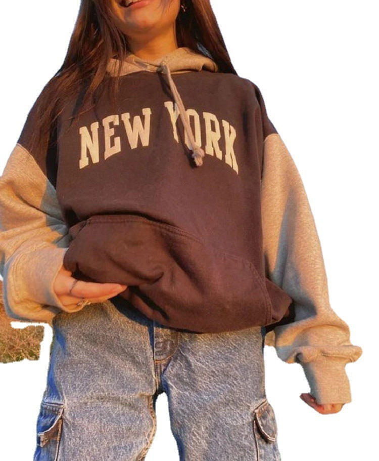 Casual Letter Embroidered Hooded Stitching Sweatshirt