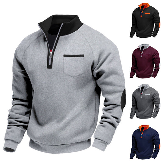 Men's Fleece-lined Heavy-duty Warm Zip-up Stand Collar Patchwork Stylish Casual Long-sleeve Sweatshirt