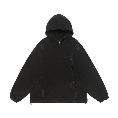 Punk Waste Soil Washed And Worn Worn Hooded Pullover Denim Hoodie