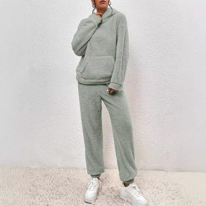 Winter Plush Pajama Set Fashion Casual Hooded Top And Elastic Band Pants Warm Sofa Carpet Home Clothes Women's Trousers Set Clothing