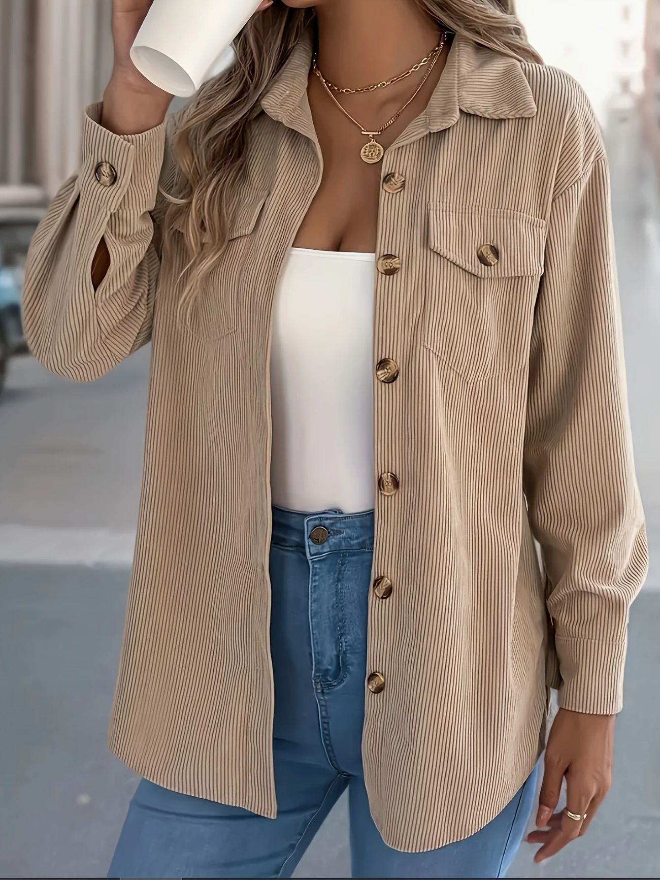 European And American Corduroy Striped Mid-length Coat Shirt