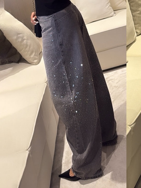 High - Waisted Wide - Leg Jeans With Sparkling Rhinestone Detailing