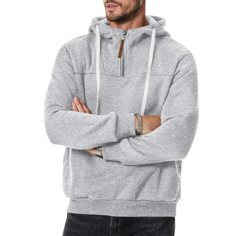 New Men's Heavy Fleece-lined Half-zip Sporty Casual Hooded Sweatshirt