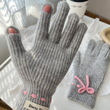 Autumn And Winter New Bow Pure Color Warm Keeping Finger Gloves