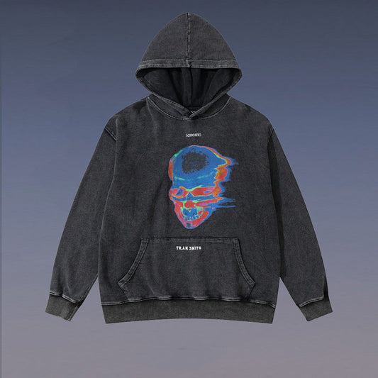 Washed Distressed Skull Graffiti Hoodie