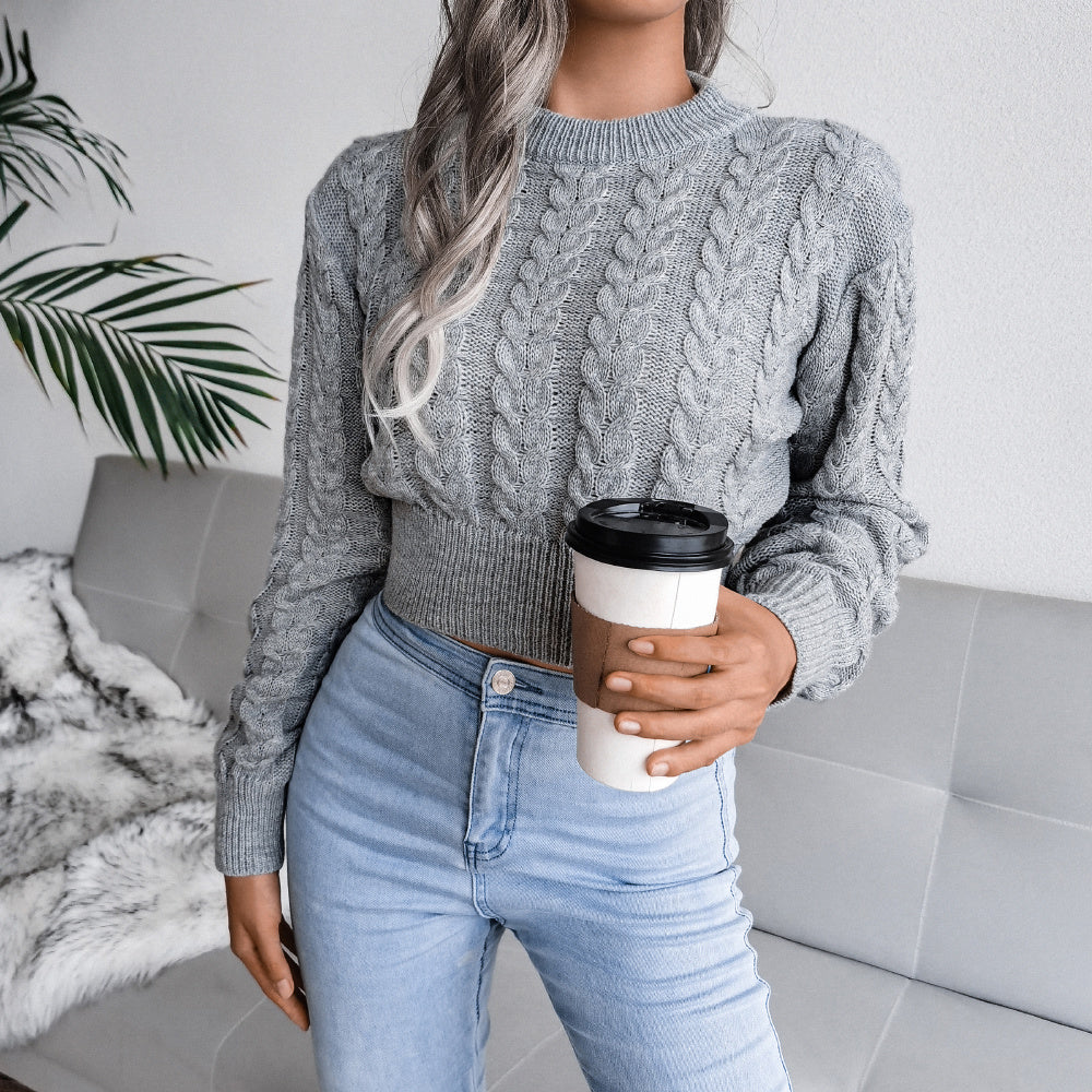 Cable Knit Waist Cinched Cropped Sweater
