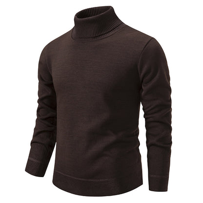 Men's Turtleneck Pullover Sweater Fashion Solid Color Fleece Lined Knitted Long-sleeved Top Clothing