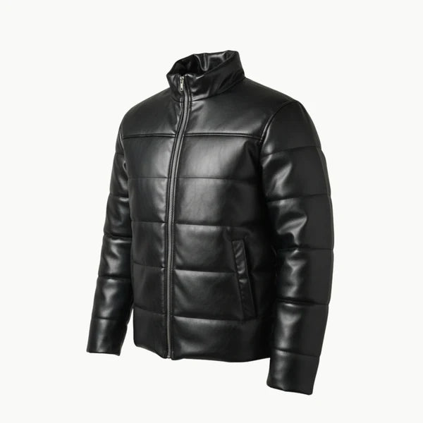 Black Faux Leather Puffer Jacket