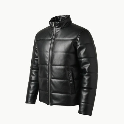 Black Faux Leather Puffer Jacket